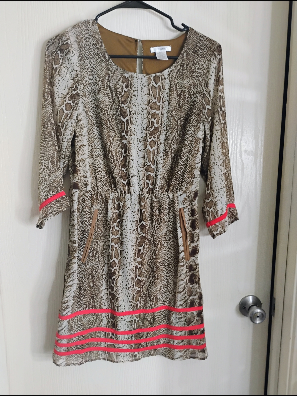 Esley Snake-Print Long Sleeve Dress with Neon Pink Trim